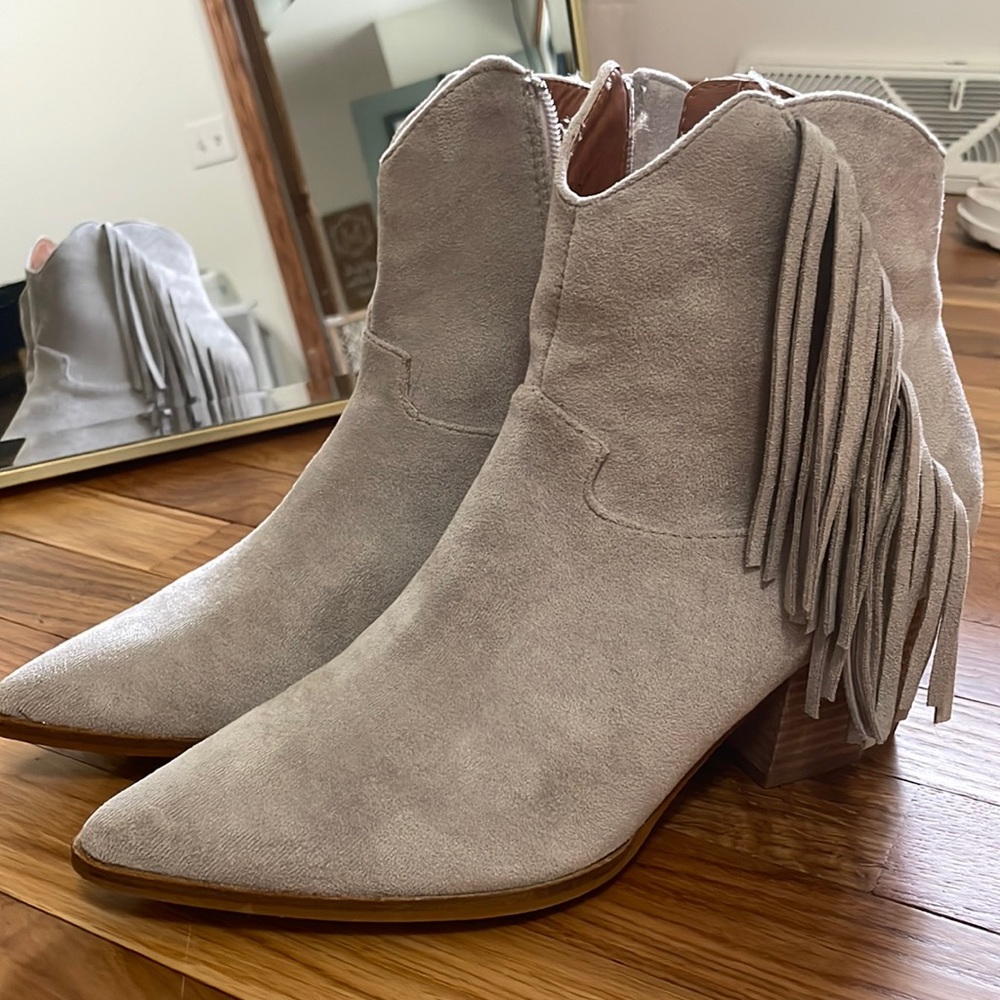 Grey Suede Fringe Booties